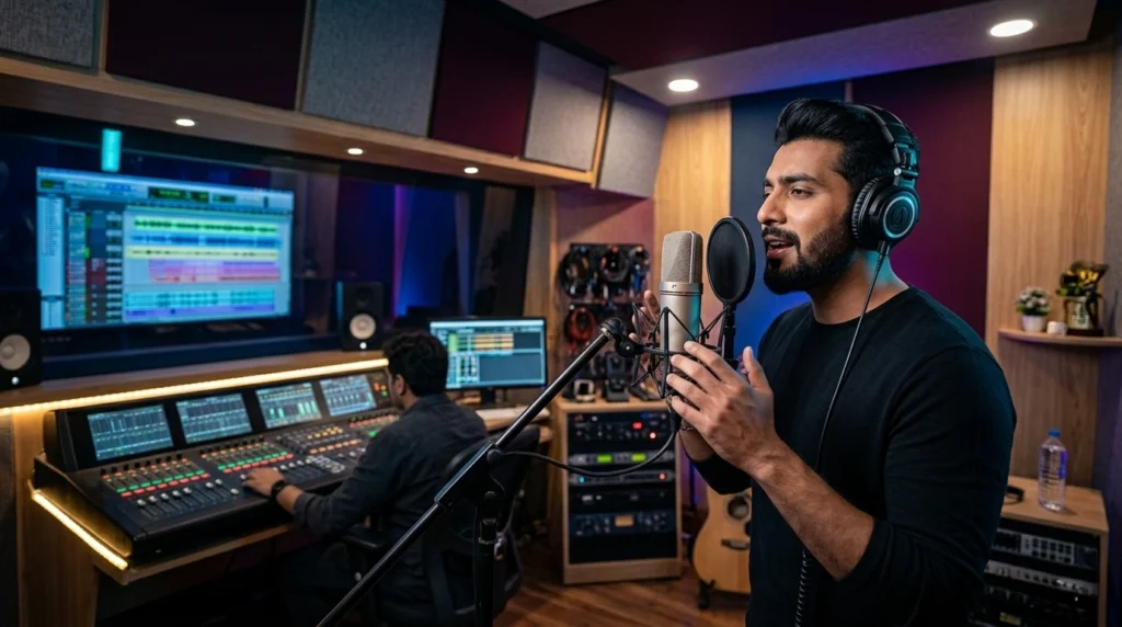 thevoicehunt-album-recording Indian singer recording a song in a music studio