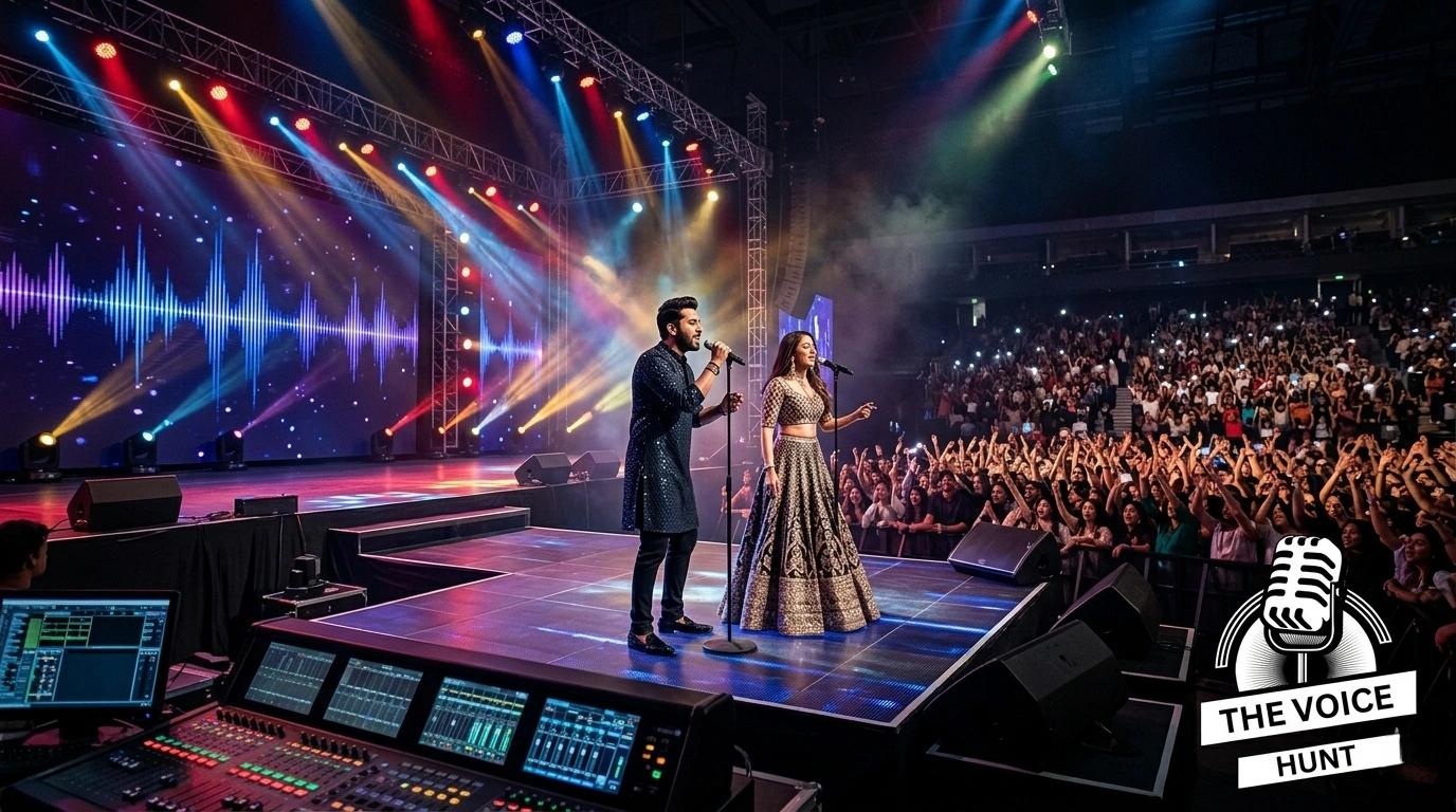 Indian singer performing live on stage at a music concert