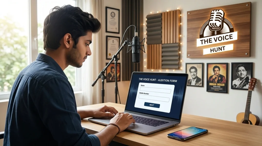 thevoicehunt-online-audition-form Indian artist filling online singing audition form on a laptop