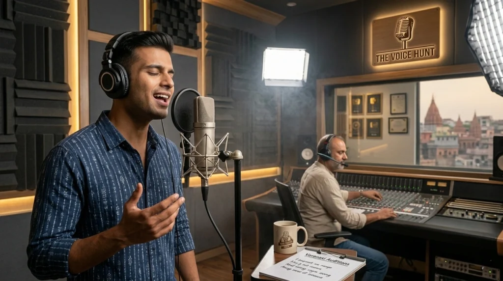thevoicehunt-studio-audition Indian singer performing in a professional studio audition
