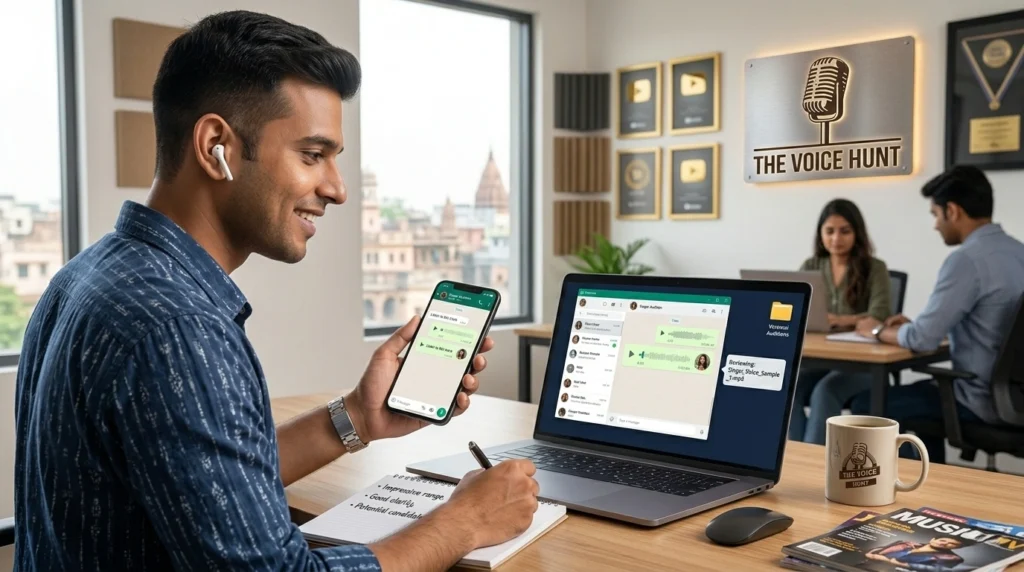 thevoicehunt-whatsapp-voice-review Indian team reviewing singer voice on WhatsApp